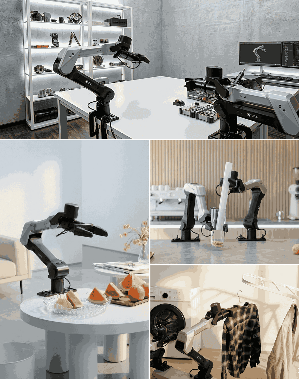 The Galaxea Dynamics LEMO A1Z robotic arm is designed for a wide range of real-world applications, from precision tasks in laboratory environments to everyday activities such as beverage preparation, dessert serving, and laundry hanging and folding, as well as practical tasks like holding camera monitors.