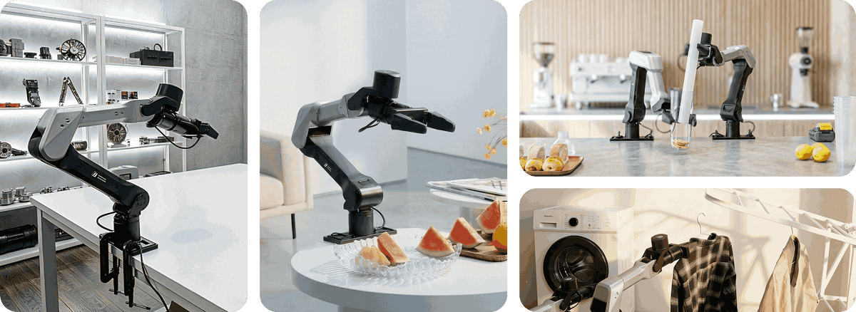 The Galaxea Dynamics LEMO A1Z robotic arm is designed for a wide range of real-world applications, from precision tasks in laboratory environments to everyday activities such as beverage preparation, dessert serving, and laundry hanging and folding, as well as practical tasks like holding camera monitors.